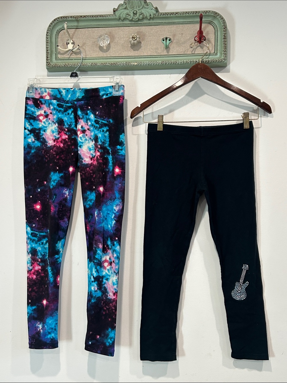 Justice Girls Galaxy Print Leggings & black gemstone guitar bottoms size 12 set